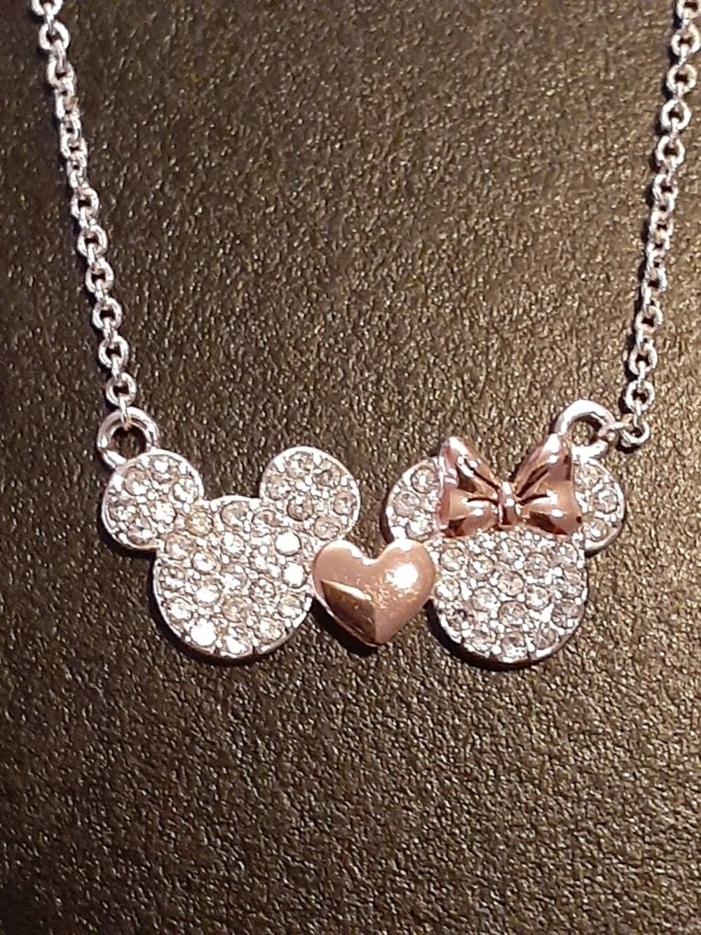 Disney Mickey Minnie Sterling Silver Rose Gold Heart Bow Sweetheart Necklace
